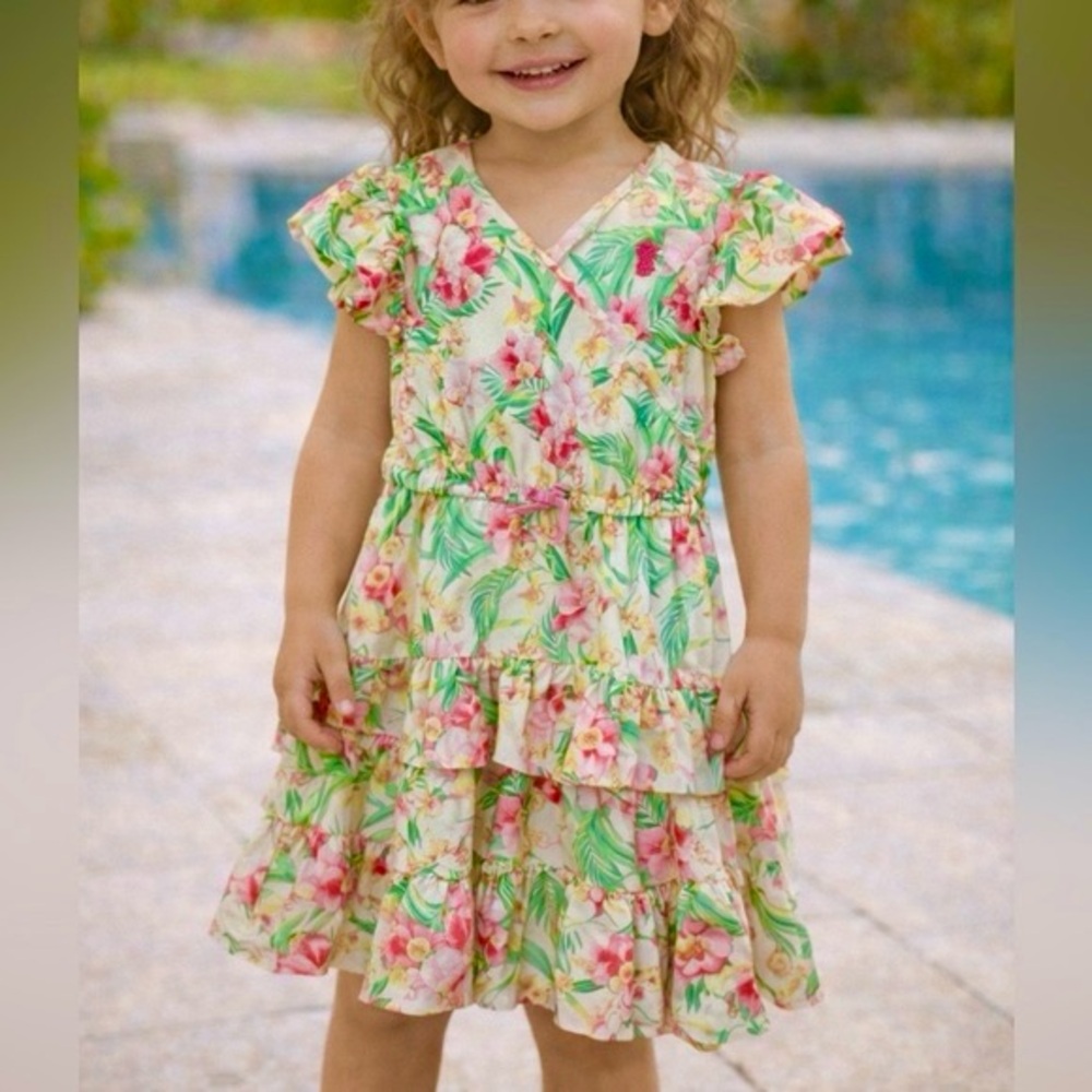 Tommy Bahama Floral Print Ruffled Sleeve Tiered V-Neck Dress 🌸